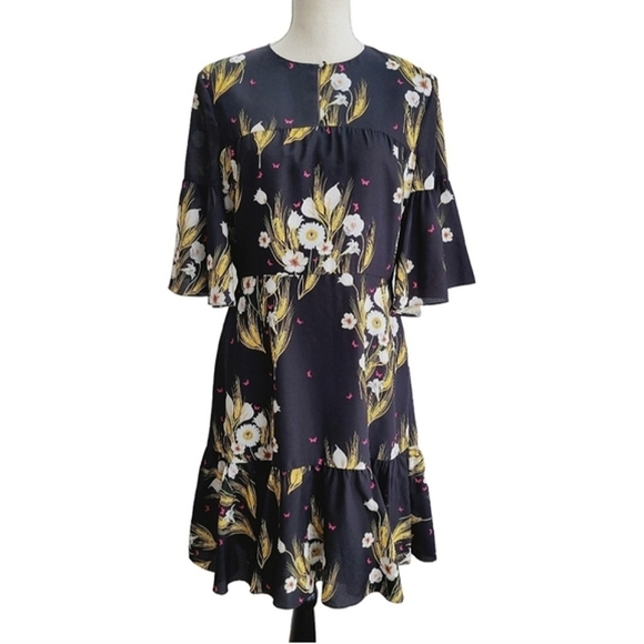 Borgo De‎ Nor Alba Crepe Dress Black Floral Printed Ruffle Flounce Hem - Picture 1 of 15